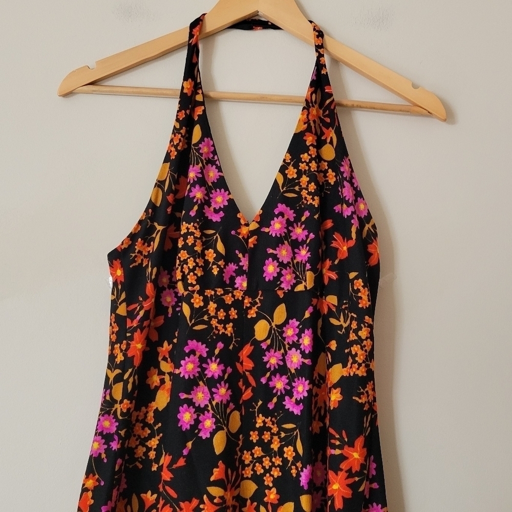 Vintage 60s Flower Power Floral Print Halter Long Maxi Dress with Matching Bag - Picture 3 of 10